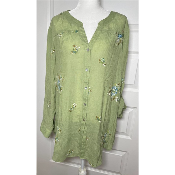 Fig & Flower 2X Anthropology Long Green Multicolor Floral Embroidered Roll Tab - Picture 1 of 9